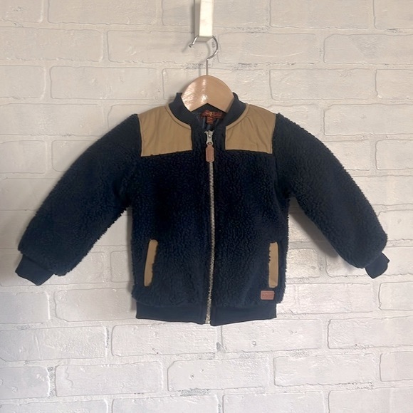 7 for All Mankind Boys Sherpa Fuzzy Bomber Jacket Sz 24 Months Blue Zip Front - Picture 1 of 11